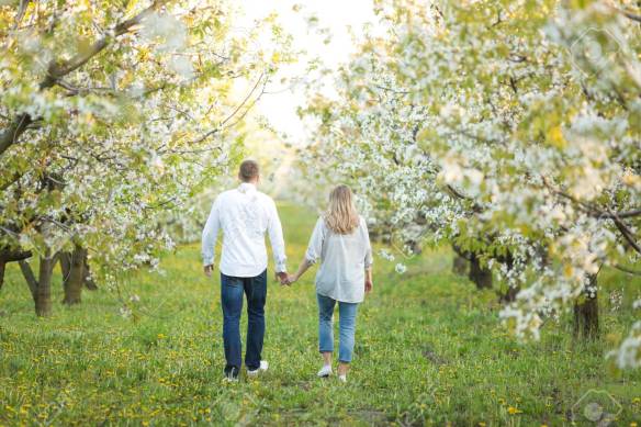 family life, spring, happiness concept. there is a lover couple that is walking through the wonderful garden of blooming apple trees, husband and wife are holding hands